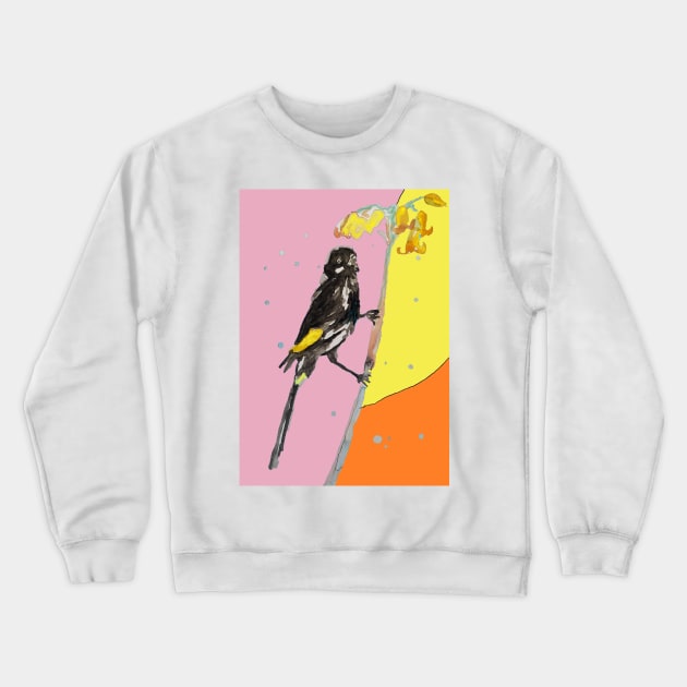 Australian Honeyeater Bird Painting - New Holland on Yellow and Pink Crewneck Sweatshirt by SarahRajkotwala